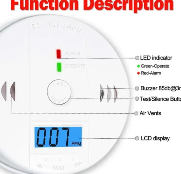 Røg- & Kulmonoxiddetektorer^1-pak kuliltealarm med LCD-display, UL2034-standard, egnet til hjemmebrug