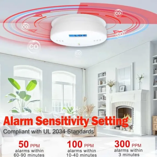 Røg- & Kulmonoxiddetektorer^1-pak kuliltealarm med LCD-display, UL2034-standard, egnet til hjemmebrug