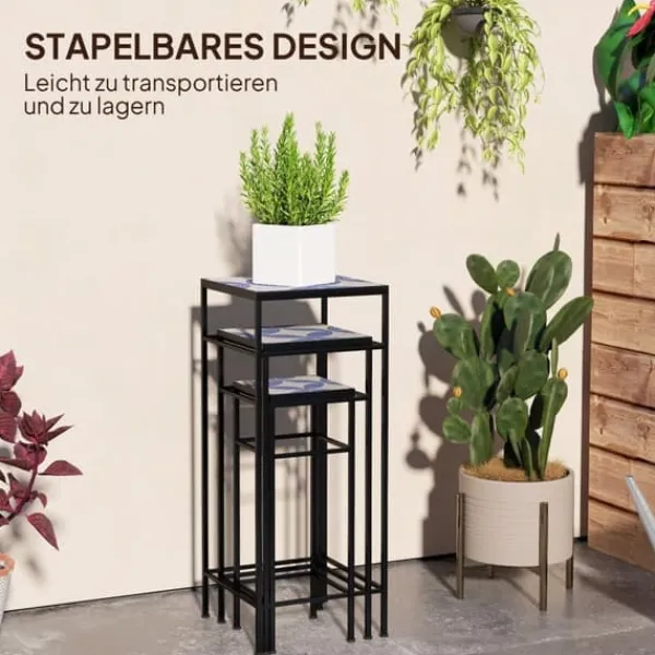 Plantestativer^3-pak plantestativer op til 71 cm, metal i tre størrelser – blå/hvid
