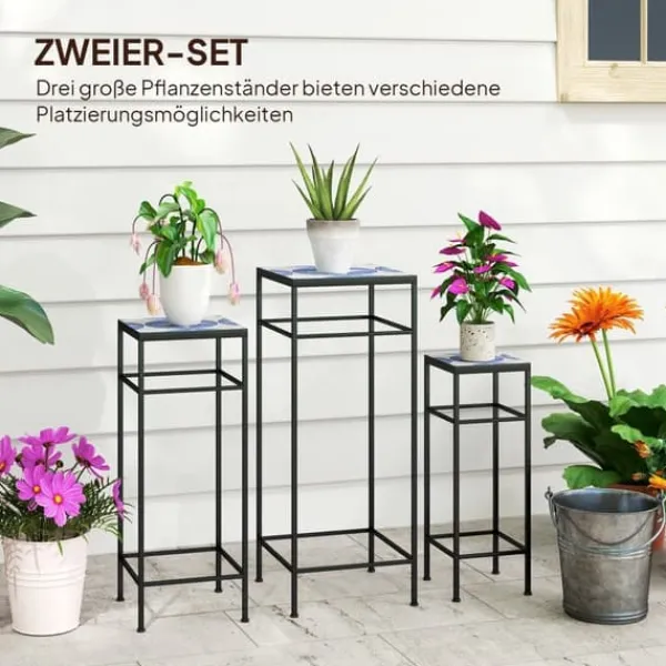 Outlet 3-pak plantestativer op til 71 cm, metal i tre størrelser – blå/hvid Plantestativer