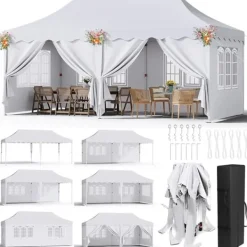 Telte & Lysthuse^Partytelt Pavillon 3x6 m - Pop up Gazebo - Vandtæt - UV50+ - HDPE med PU-belægning - Aluminiumsramme - Sidevægge medfølger - Hvid
