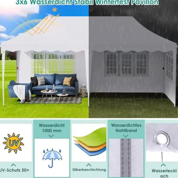 Telte & Lysthuse^Partytelt Pavillon 3x6 m - Pop up Gazebo - Vandtæt - UV50+ - HDPE med PU-belægning - Aluminiumsramme - Sidevægge medfølger - Hvid