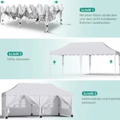 Telte & Lysthuse^Partytelt Pavillon 3x6 m - Pop up Gazebo - Vandtæt - UV50+ - HDPE med PU-belægning - Aluminiumsramme - Sidevægge medfølger - Hvid