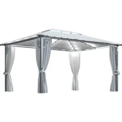 Telte & Lysthuse^Paviljong med gardin och ljusslinga LED - Eleganta utomhuslösningen | Färg: Gräddvit | Storlek: 4x3 m