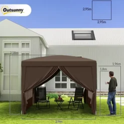 Telte & Lysthuse^Pavillon ca. 3x3 m pop-up, vandafvisende, vintertålelig, UV-beskyttelse 50+, 4 sidevægge & taske, kaffebrun