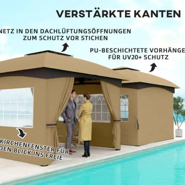 Telte & Lysthuse^Pavillon ca. 3,4x3,4 m, vandafvisende, 4 sidevægge & dobbelt tag, galvaniseret stel, beige