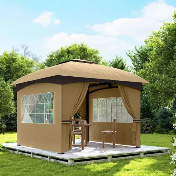Telte & Lysthuse^Pavillon ca. 3,4x3,4 m, vandafvisende, 4 sidevægge & dobbelt tag, galvaniseret stel, beige