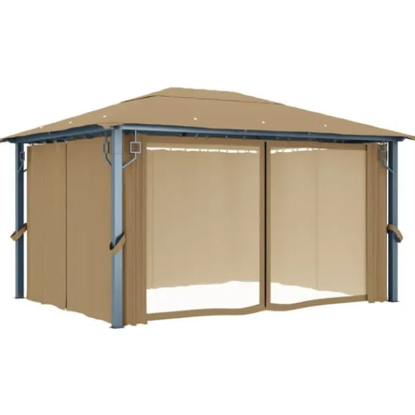 Telte & Lysthuse^Pavillon med gardin 400x300 cm - Solid aluminium | Farve: Gråbrun