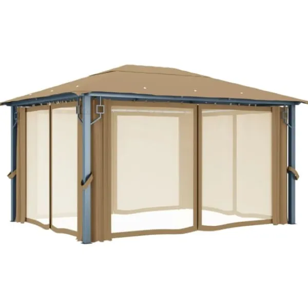 Telte & Lysthuse^Pavillon med gardin 400x300 cm - Solid aluminium | Farve: Gråbrun