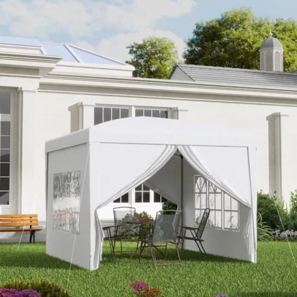 Telte & Lysthuse^Pavillon 3x3 m med 4 sidevægge & vinduer, UV-beskyttelse, stål/oxford, taske, hvid