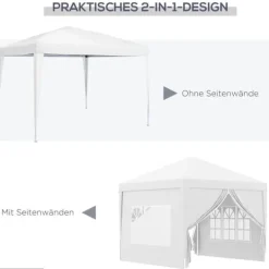 Telte & Lysthuse^Pavillon 3x3 m med 4 sidevægge & vinduer, UV-beskyttelse, stål/oxford, taske, hvid