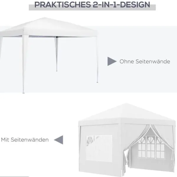 Telte & Lysthuse^Pavillon 3x3 m med 4 sidevægge & vinduer, UV-beskyttelse, stål/oxford, taske, hvid