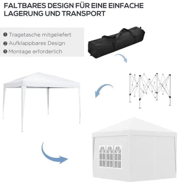 Telte & Lysthuse^Pavillon 3x3 m med 4 sidevægge & vinduer, UV-beskyttelse, stål/oxford, taske, hvid