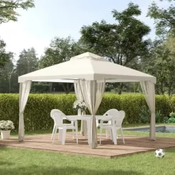 Pavillon 3x3 m med 4 sidevægge, metal/polyester, cremehvid – vejrbestandig Telte & Lysthuse