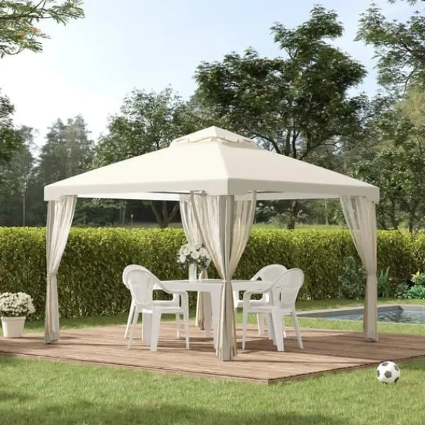 Pavillon 3x3 m med 4 sidevægge, metal/polyester, cremehvid – vejrbestandig Telte & Lysthuse