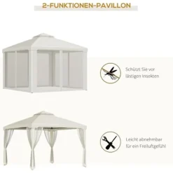 Pavillon 3x3 m med 4 sidevægge, metal/polyester, cremehvid – vejrbestandig Telte & Lysthuse