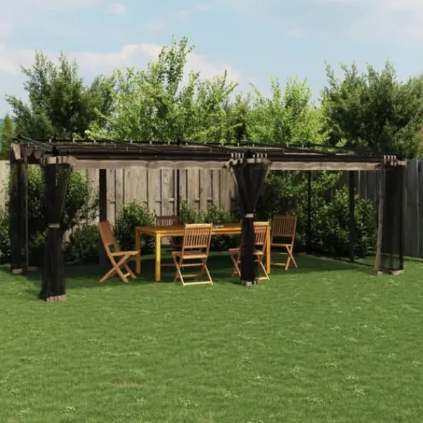 Hot Pavillon 6x3 m med mesh-vægge i stål - Gråbrun | Størrelse: 6x3 m Buer, Spalier, Lysthuse Uden Tag