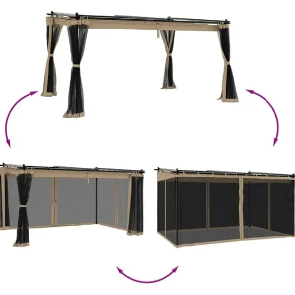 New Pavillon 4x3 m med mesh-vægge - Stål | Farve: Gråbrun Buer, Spalier, Lysthuse Uden Tag