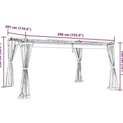 New Pavillon 4x3 m med mesh-vægge - Stål | Farve: Gråbrun Buer, Spalier, Lysthuse Uden Tag
