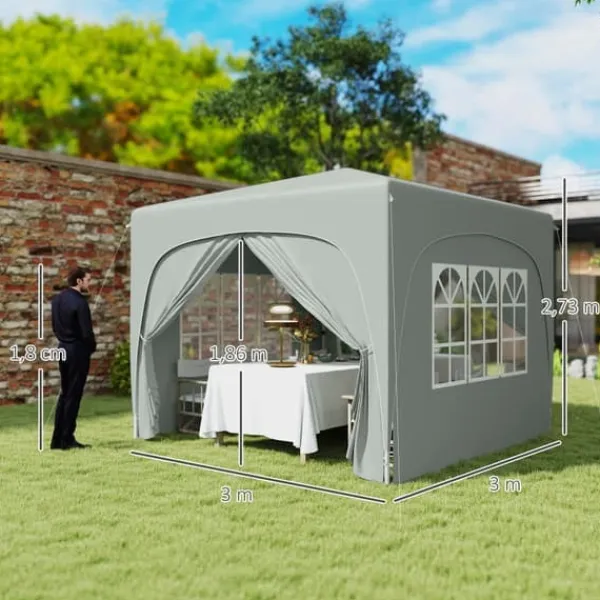 Telte & Lysthuse^Pavillon 3x3 m pop-up, vandafvisende, vintertålelig, UV-beskyttelse 50+, 4 sidevægge & taske, lysegrå