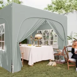 Telte & Lysthuse^Pavillon 3x3 m pop-up, vandafvisende, vintertålelig, UV-beskyttelse 50+, 4 sidevægge & taske, lysegrå
