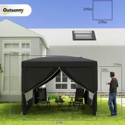 Telte & Lysthuse^Pavillon 3x3 m, vandafvisende og vinterbestandig pop-up UV-beskyttelse 50+, 4 sidevægge og taske, sort