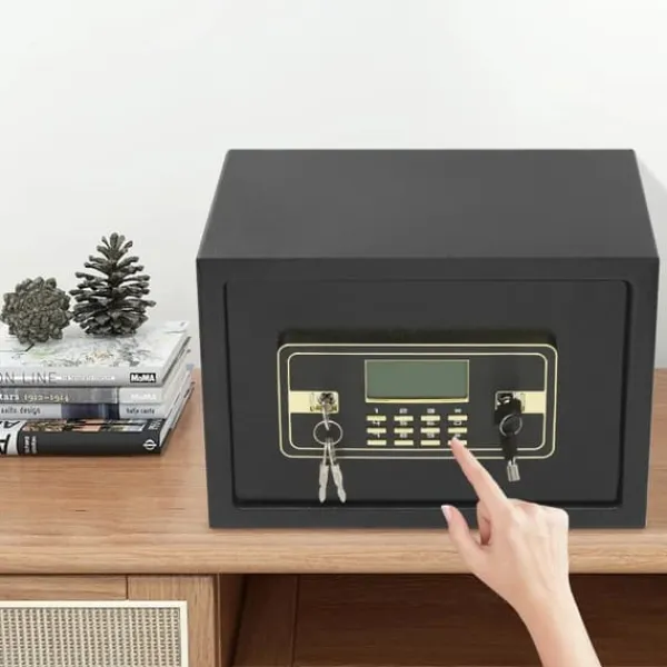 Pengeskabe^Pengeskab - Elektronisk kodelås - Høj sikkerhed - Aftagelig hylde - Vægmonteret eller fritstående - Sort