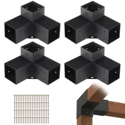 Outlet Pergola beslag sæt 101x101mm, 4 stk. 3-vejs robuste hjørnebeslag til gør-det-selv projekter, nem installation af træbjælker til udendør Buer, Spalier, Lysthuse Uden Tag