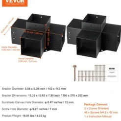 Buer, Spalier, Lysthuse Uden Tag^Pergola beslagssæt, 4-vejs hjørnebeslag 2 stk., 14,2x14,2 cm, sort, stål