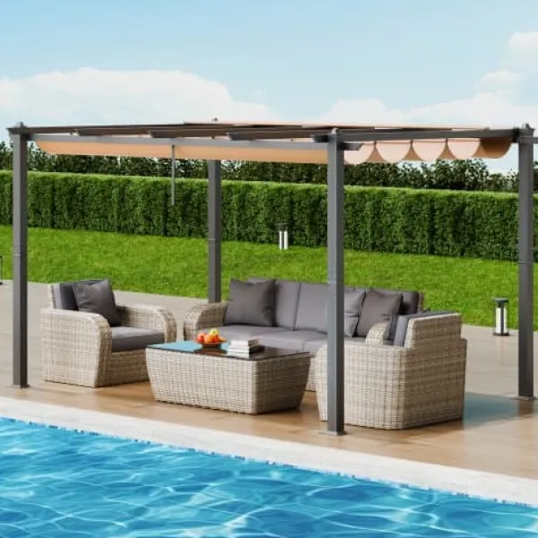 Buer, Spalier, Lysthuse Uden Tag^Pergola, Retraktabelt Baldakin, 296x395x230 cm, Beige, Aluminium