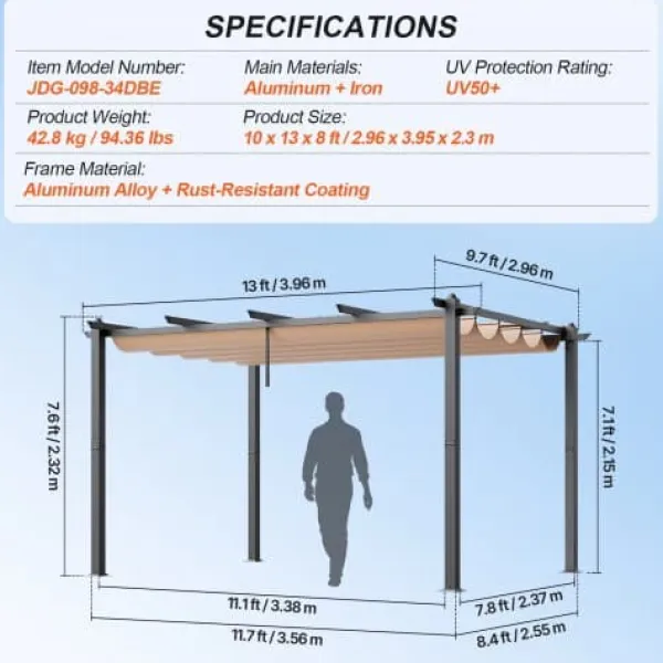 Buer, Spalier, Lysthuse Uden Tag^Pergola, Retraktabelt Baldakin, 296x395x230 cm, Beige, Aluminium