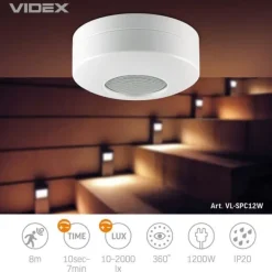 Bevægelsesdetektorer^PIR bevægelses- og lyssensor 1200W IP20 8 meter rund Videx