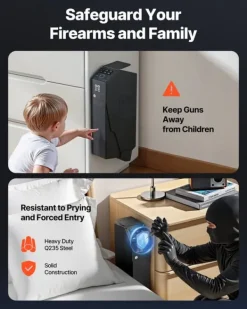 Hot Pistolskab - Biometrisk pistolboks - Hurtig 3-vejs adgang Fingeraftryk/Kode/Nøgle - LED-lys - Til 1 pistol + magasin - Monterbar til natbord/bil Pengeskabe