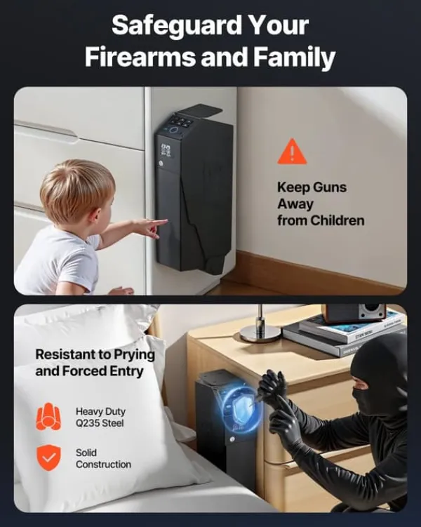 Hot Pistolskab - Biometrisk pistolboks - Hurtig 3-vejs adgang Fingeraftryk/Kode/Nøgle - LED-lys - Til 1 pistol + magasin - Monterbar til natbord/bil Pengeskabe