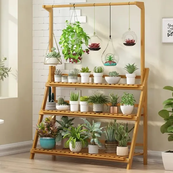 Online Plantebord, 3 niveauer, justerbar højde, naturlig bambus,XL, Naturligt Træ Krukker & Plantebeholdere