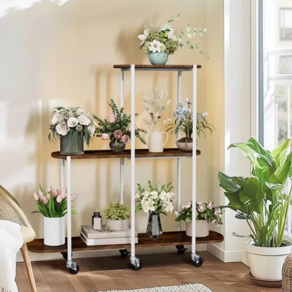 Plantningsbænke^Plantebord, 3 niveauer, robust metal konstruktion,Valnødde træ