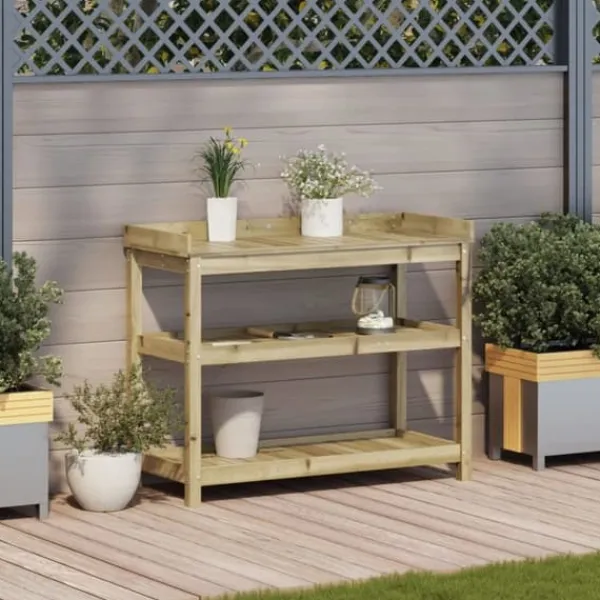 Plantningsbænke^Plantebord i imprægneret fyrretræ med hylder | Størrelse: 108x45x86,5 cm
