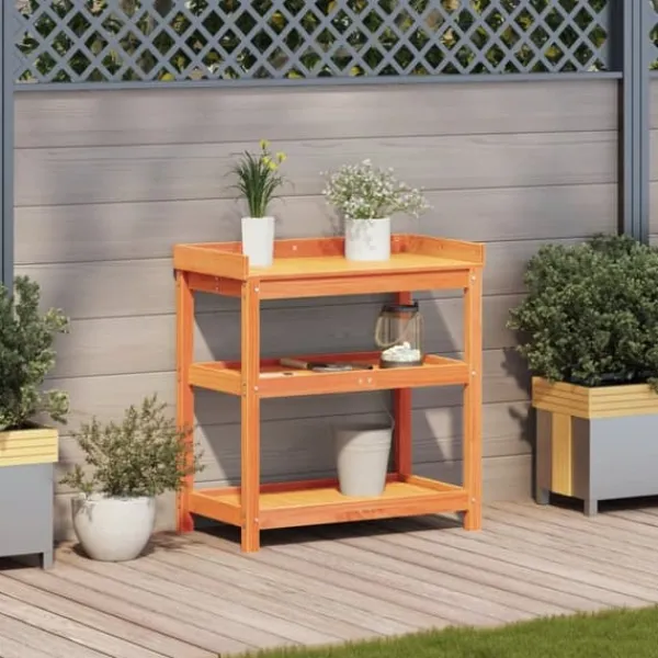 Plantningsbænke^Plantebord i massivt fyrretræ med hylder | Størrelse: 82,5x45x86,5 cm | Farve: Brun