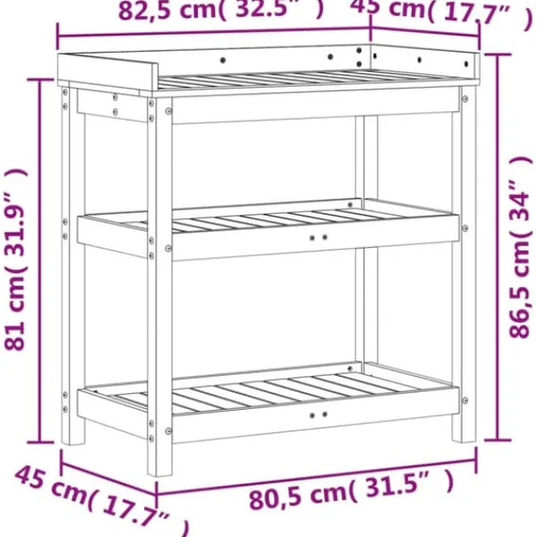 Plantningsbænke^Plantebord i massivt fyrretræ med hylder | Størrelse: 82,5x45x86,5 cm | Farve: Brun
