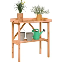 Plantningsbænke^Plantebord i massivt grantræ med hylde | Størrelse: 78x38x82,5 cm | Farve: Brun