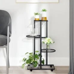 Plantestativer^Planteborde - Living blomsterstativ 4 niveauer med hjul 44x23x80 cm jern sort
