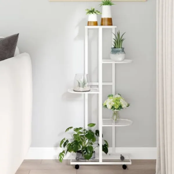 Online Planteborde - Living blomsterstativ 5 niveauer med hjul 44x23x100 cm jern hvid Plantestativer