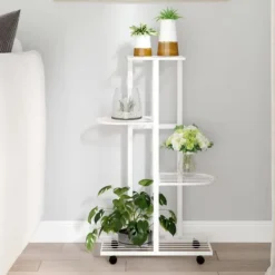 Plantestativer^Planteborde - Living blomsterstativ 4 niveauer med hjul 44x23x80 cm jern hvid