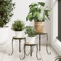 Plantestativer^Planteborde 3 stk. med mosaikdesign - Keramik & Jern | Farve: Terracotta/Hvid