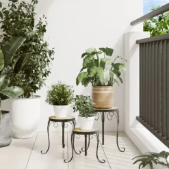 Plantestativer^Planteborde 3 stk. med mosaikdesign - Keramik & Jern | Farve: Terracotta/Hvid