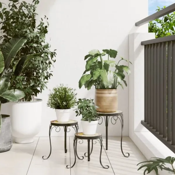Plantestativer^Planteborde 3 stk. med mosaikdesign - Keramik & Jern | Farve: Terracotta/Hvid