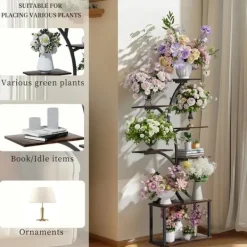 Plantestativer^Planteholder & Blomsterhylde - Hjørnemodel i træ - Træformet - 7 Hylder - 151 cm - Med LED-lys - Indendørs - Grå