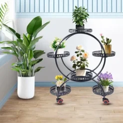 New Planteholder - Blomsterkrukkestativ 4 etager - Metal - Med hjul - Kraftig - Rundt design - Sort Plantestativer