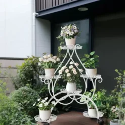 Outlet Planteholder - Blomsterstander - 6 Niveauer - Metal - Med Hjul - Til Indendørs/Udendørs, Stue/Balkon - Hvid Plantestativer