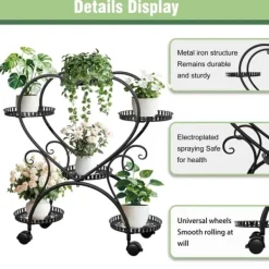 Plantestativer^Planteholder - Blomsterstander - Med hjul - 6 niveauer til krukker - Metal - Indendørs & udendørs - Hjerteformet design - Samles - Sort